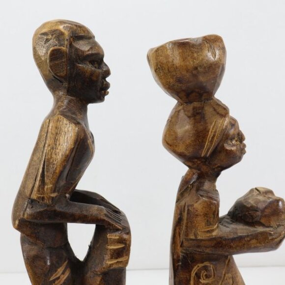 2 Vintage Primitive Figurines African Wood Carving Women Basket Tribal Folk Art - Picture 11 of 14